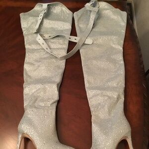 AZALEA WANG JINNY EMBELLISHED THIGH HIGH DENIM CHAP BOOT IN SILVER - 9